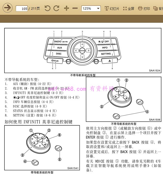 2009-2013 英菲尼迪 G25 Sedan 车主手册 带导航系统的按键及不带导航的按键图